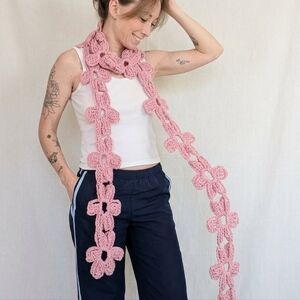 Pink Floral Crochet Skinny Scarf | Y2K Coquette Cottagecore Aesthetic Neck Tie